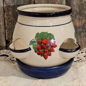Vintage Ceramic Strawberry Planter Blue Rim Herb Pot Garden Patio Decor